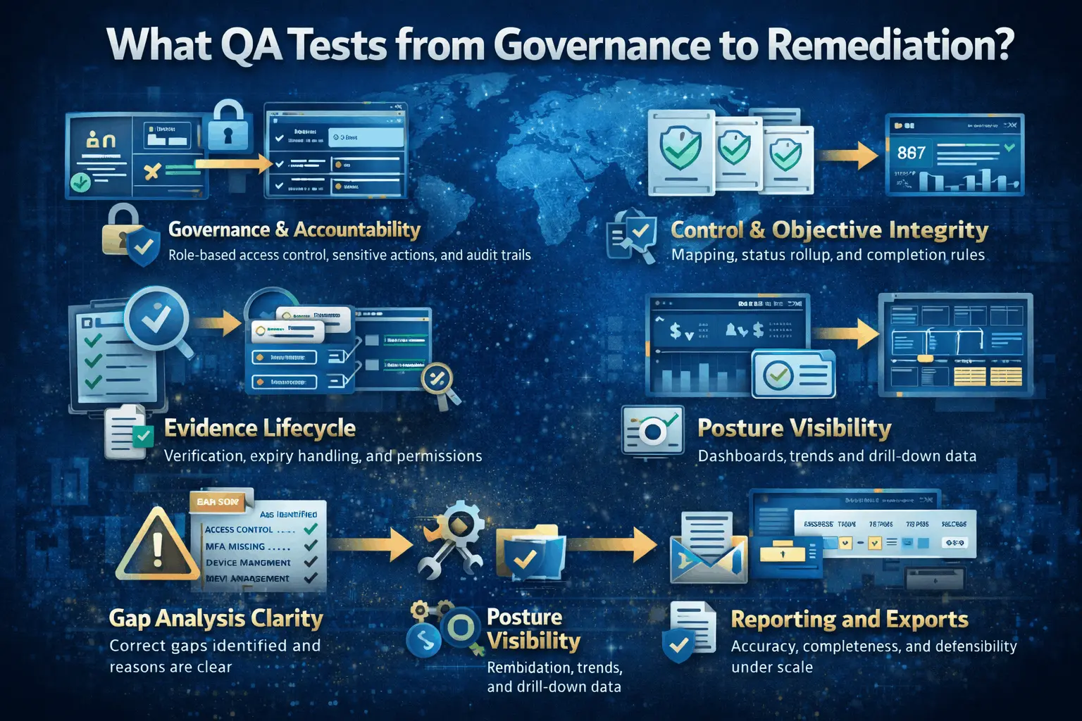 What QA tests from governance to remediation QA testing across a security and compliance platform workflow, including governance controls, evidence lifecycle, gap identification, remediation actions, and reporting dashboards.